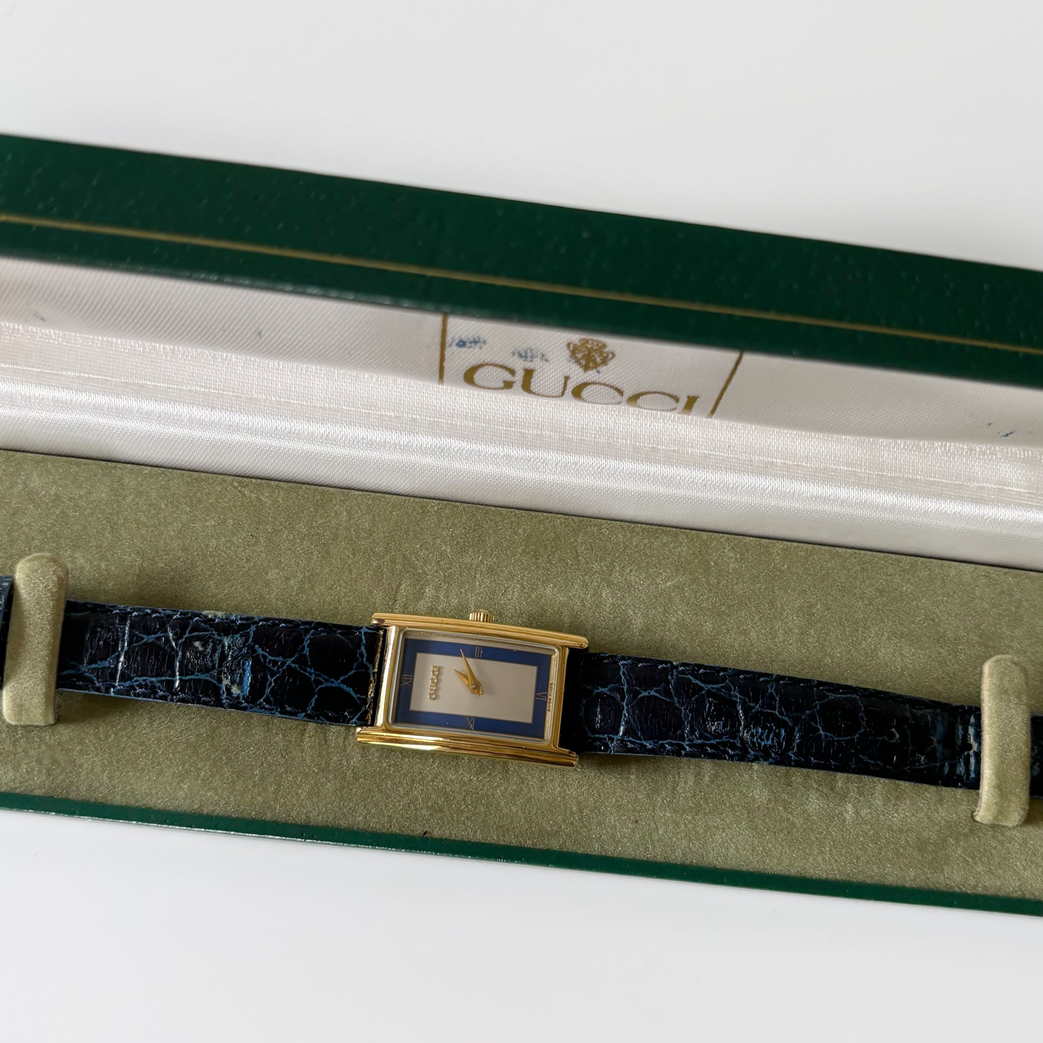 Gucci 1990s Gold Plated Rectangular Blue Leather Watch Lorinate