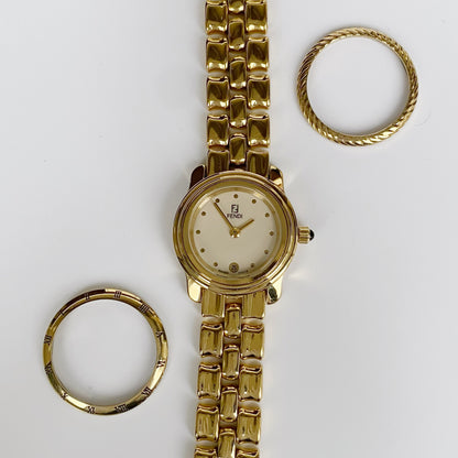 Fendi 1990s Interchangeable Bezel Round Gold Plated Watch with 3 bezels, case