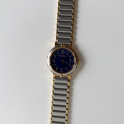 Yves Saint Laurent 1990s Navy Round Dial Two Tone Watch