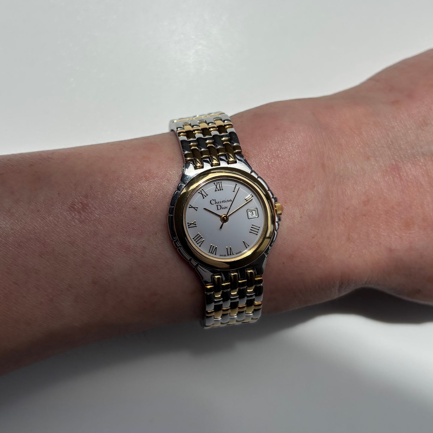 Dior 1990s Date Round Dial Two Tone Gold Plated Watch