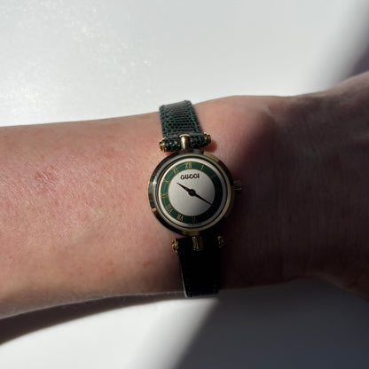 Gucci 1990s Round Dial Cherry Green Gold-Plated Watch