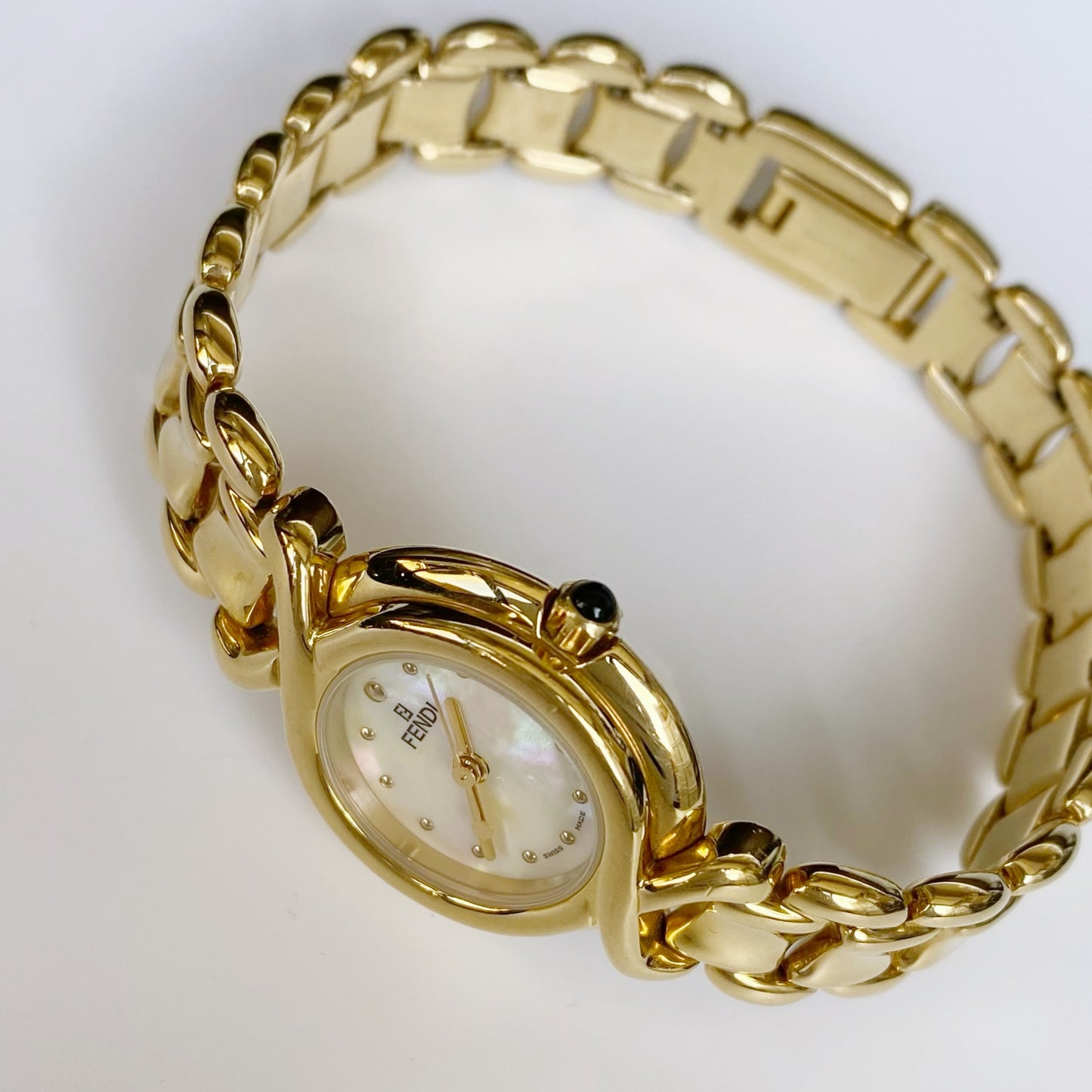 Fendi 1990s Seashell Dial Gold Plated Round Watch