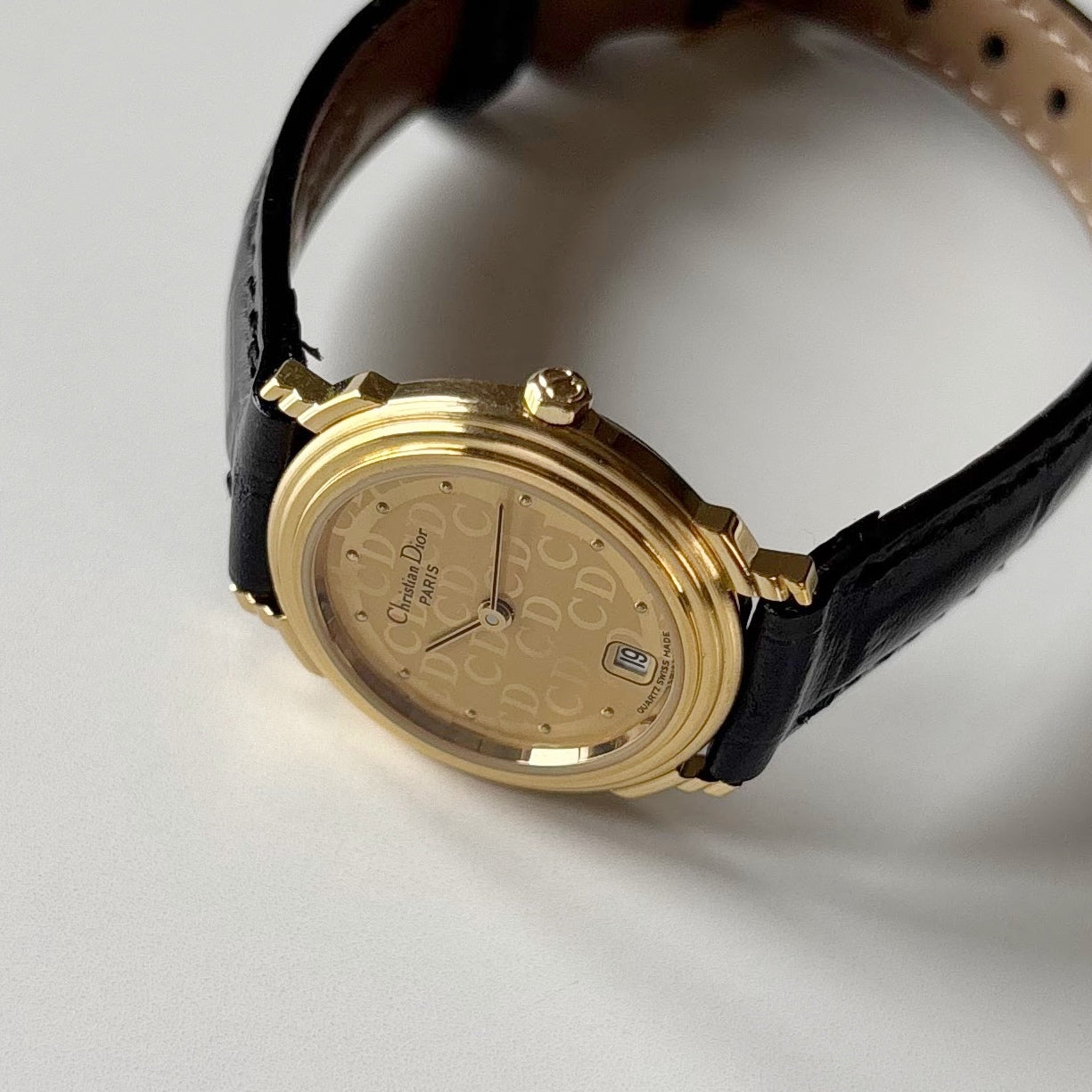 Dior 1990s Date CD Logo Round Dial Gold Plated Watch