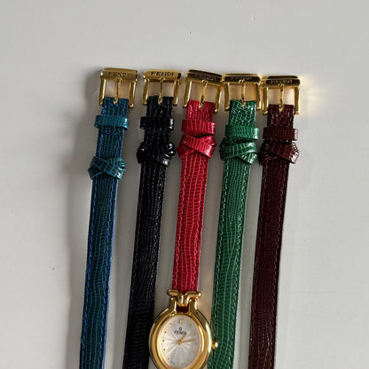 Fendi 1990s Interchangeable Strap Gold Plated Watch with 5 straps, case