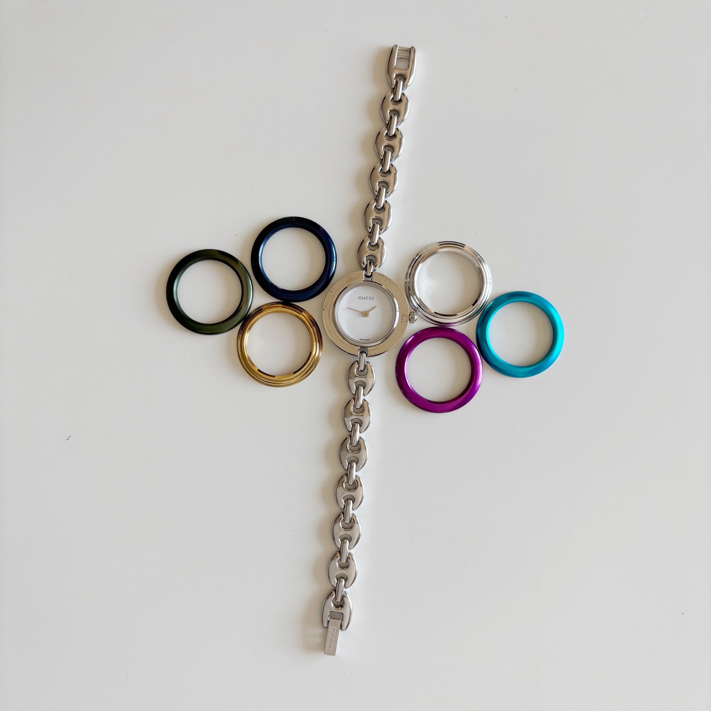 Gucci 1990s Interchangeable Bezel Stainless steel Watch with 6 bezels, case (165mm)