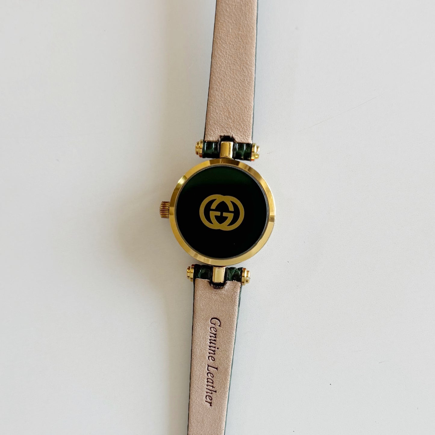 Gucci 1990s Round Dial Green Gold Plated Watch