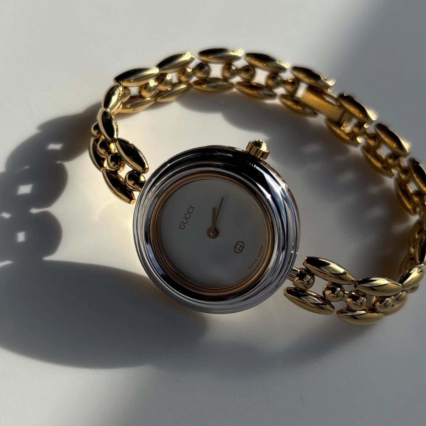 Gucci 1990s Interchangeable Bezel Gold Plated Rice Chain Watch with 6 bezels, case (160mm)