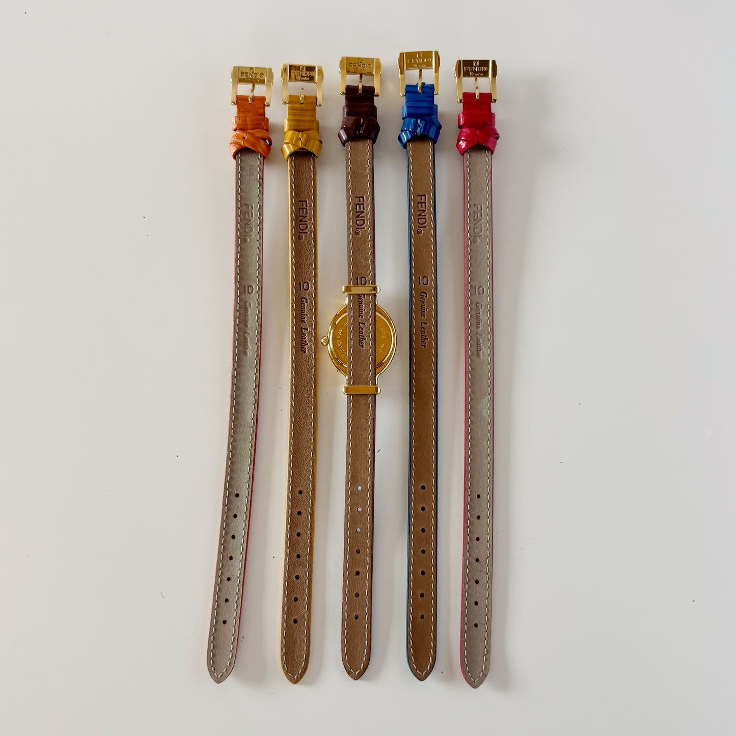 Fendi 1990s Interchangeable Strap Gold Plated Watch with 5 straps, case