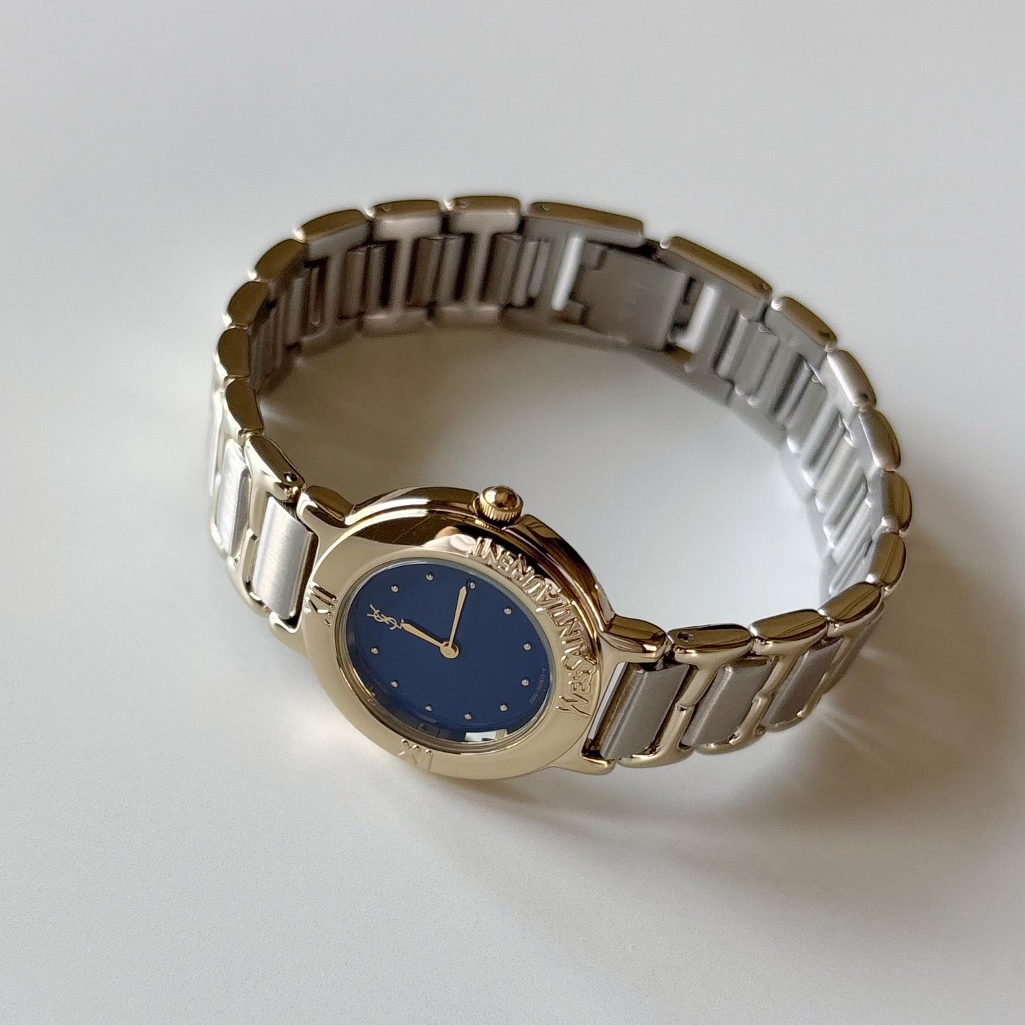 Yves Saint Laurent 1990s Navy Round Dial Two Tone Gold Plated Watch