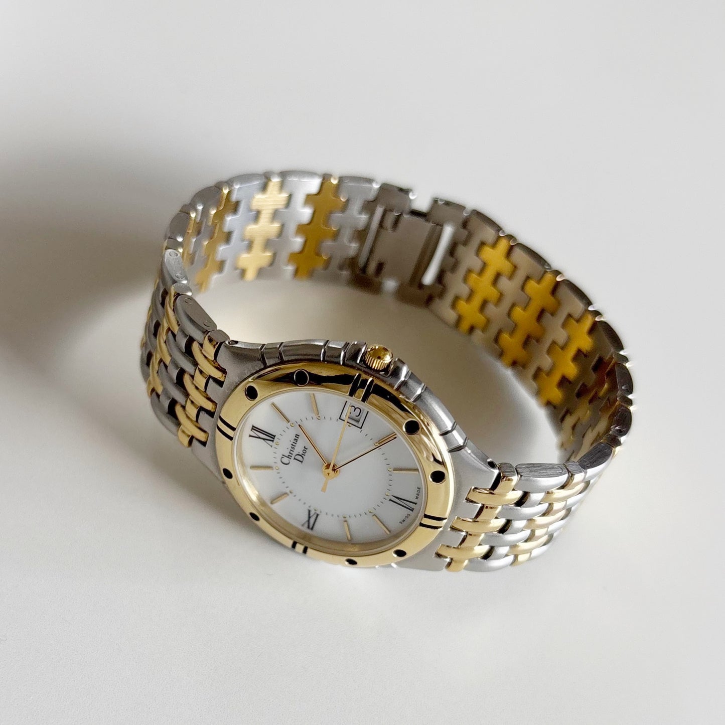Dior 1990s Date Round Dial Gold Plated Two Tone Watch (Large)