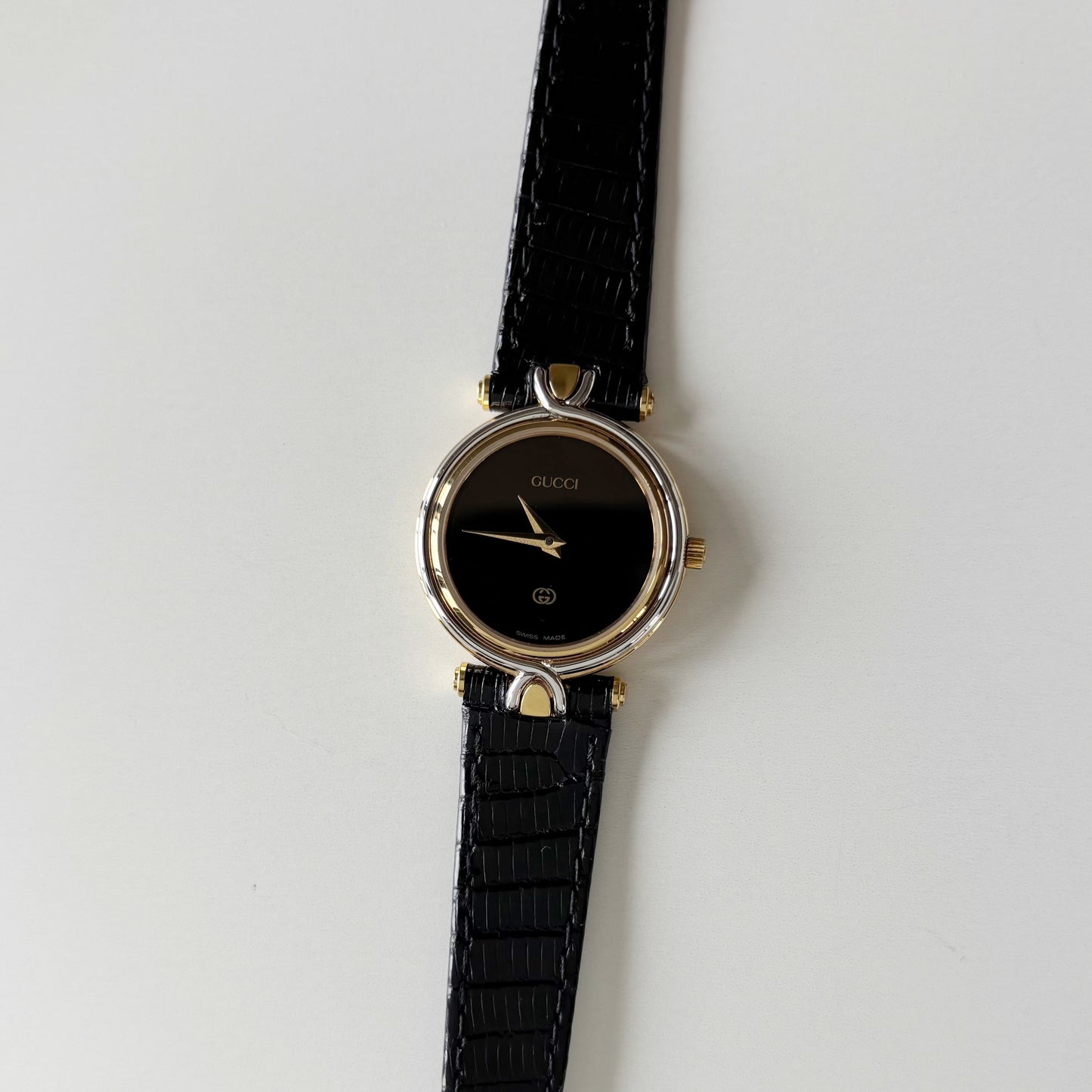 Gucci 1980s Black Round Dial Two Tone Watch