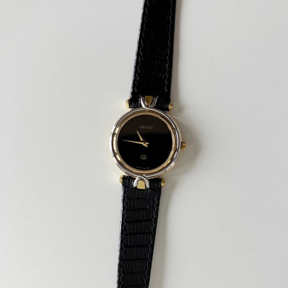 Gucci 1980s Black Round Dial Two Tone Watch