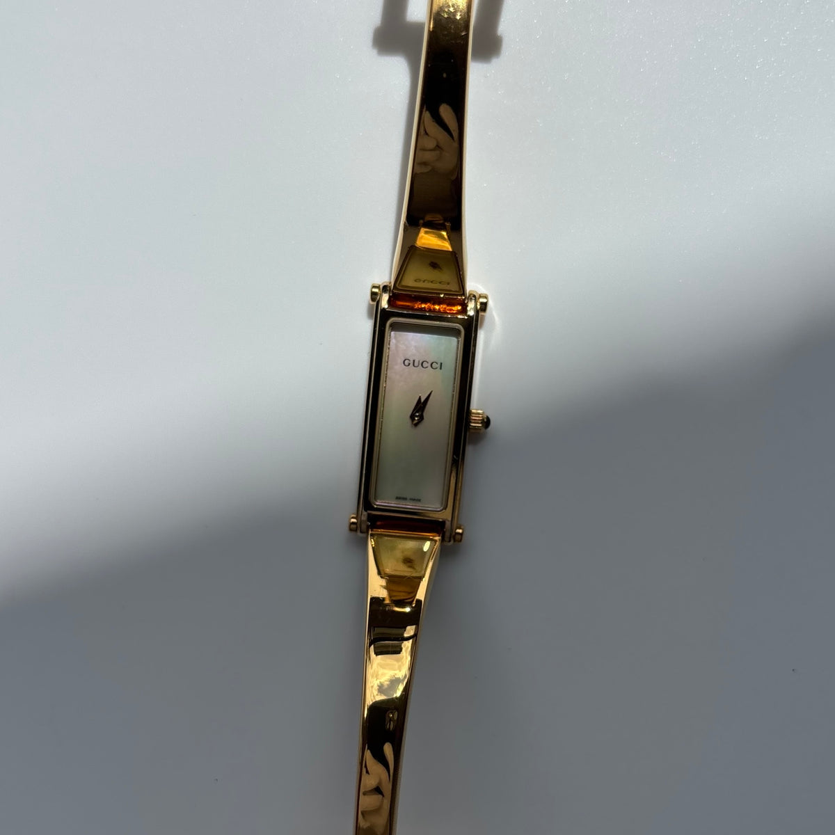 Gucci 1990s Seashell Dial Rectangular Gold-Plated Bangle Watch