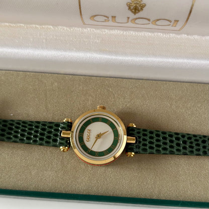 Gucci 1990s Round Dial Green Gold Plated Watch