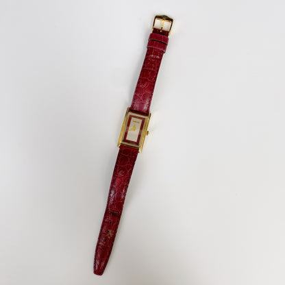 Gucci 1990s Gold Plated Rectangular Red Leather Watch