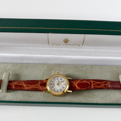 Gucci 1990s Date Round Dial Gold Plated Watch