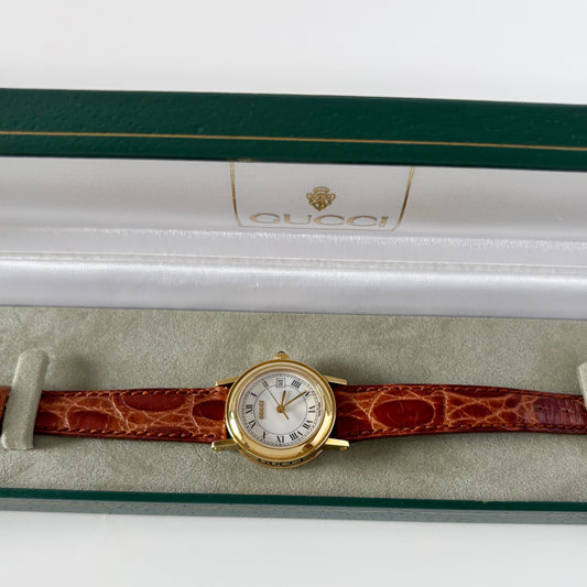 Gucci 1990s Date Round Dial Gold Plated Watch