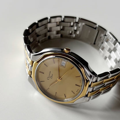 Dior 1990s Date Round Dial Gold Plated Two Tone Watch (Large)