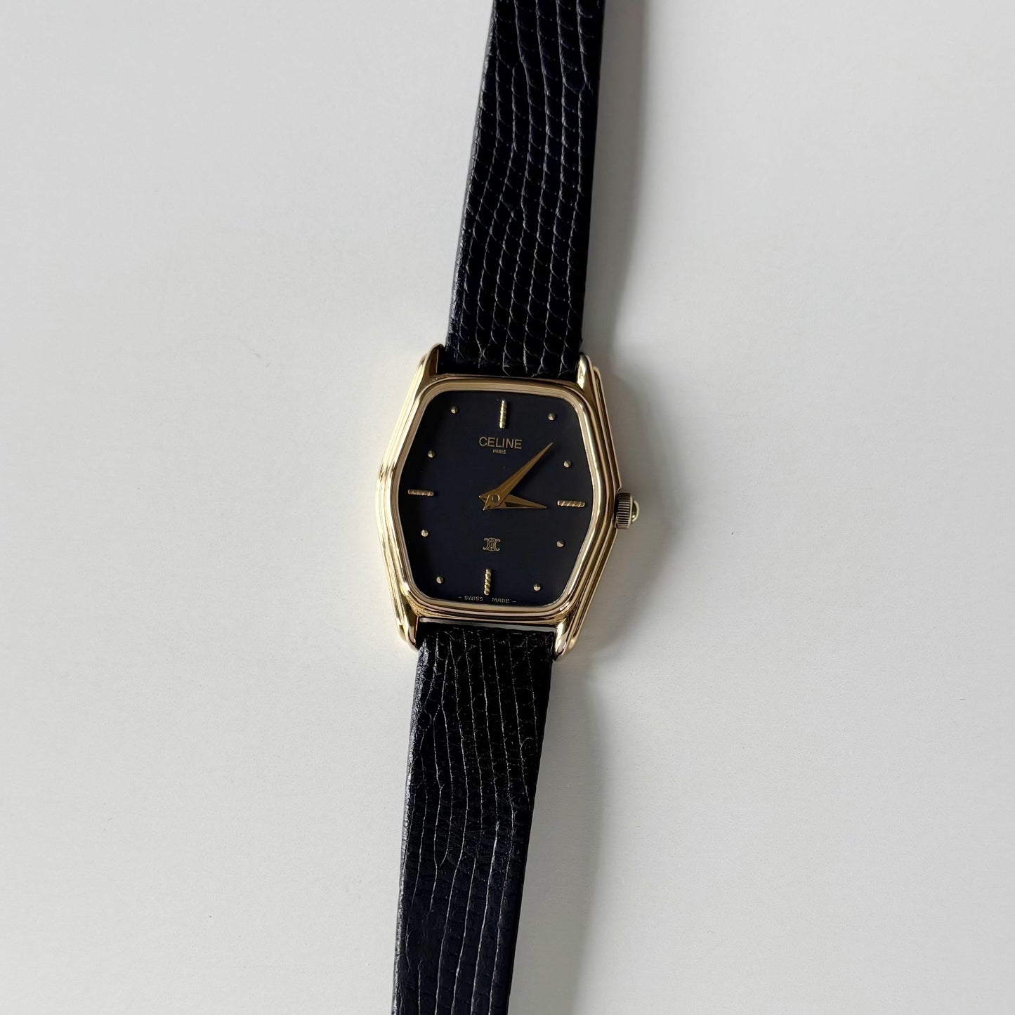 Celine 1980s Black Dial Gold Plated Watch