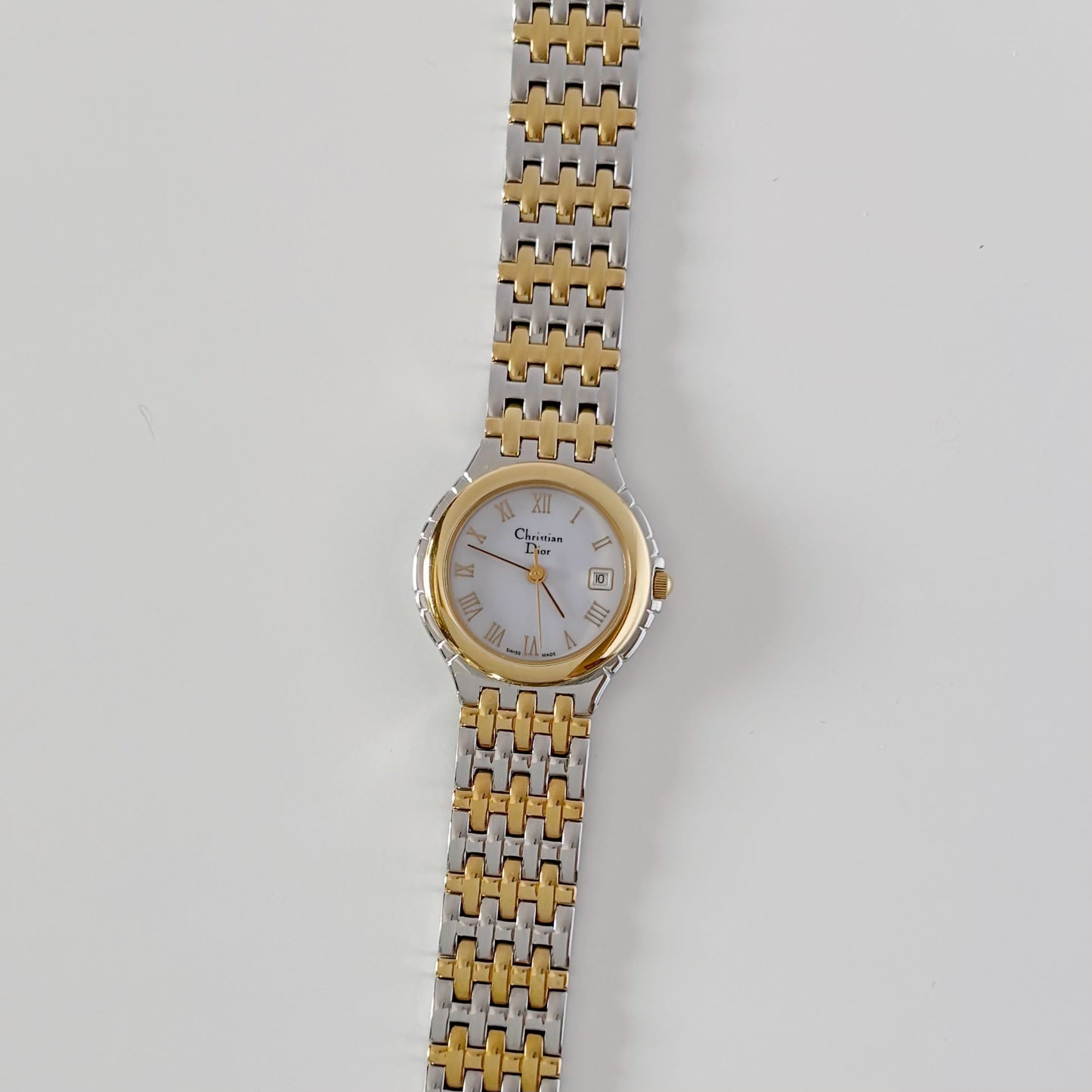 Dior 1990s Date Round Dial Two Tone Gold Plated Watch
