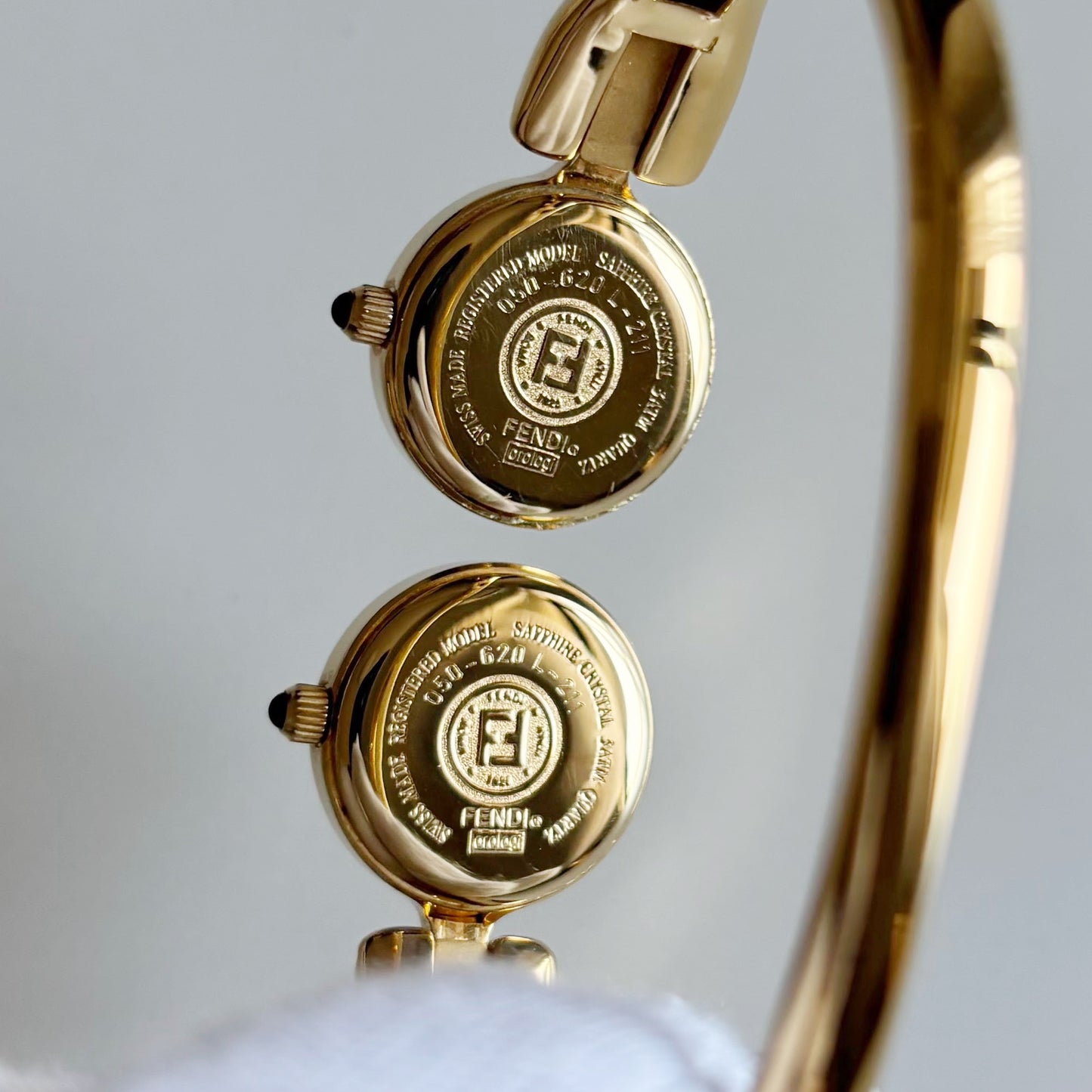 Fendi 1990s Seashell Dial Two Time Zone Gold Plated Bangle Watch