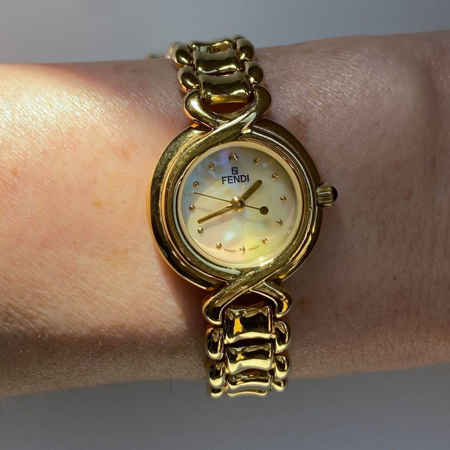 Fendi 1990s Seashell Dial Gold Plated Round Watch