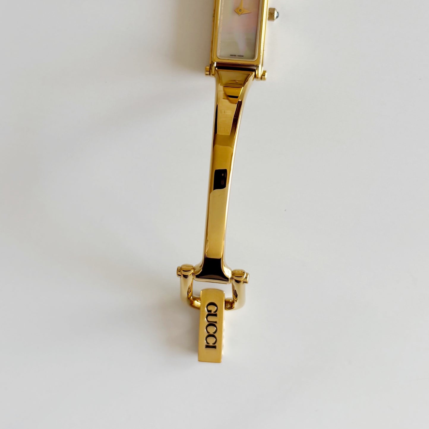 Gucci 1990s Seashell Dial Rectangular Gold Plated Bangle Watch