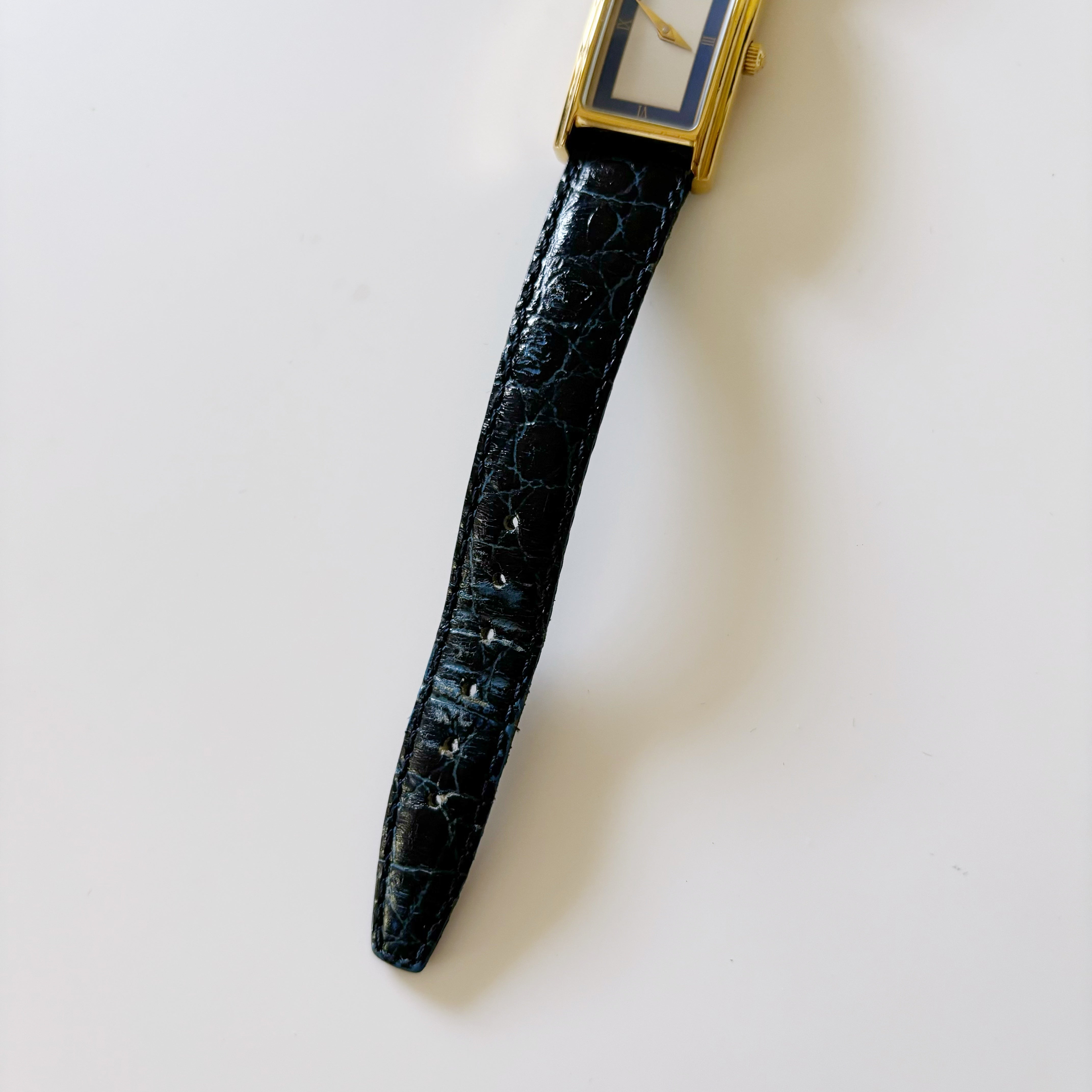 Gucci 1990s Gold Plated Rectangular Blue Leather Watch