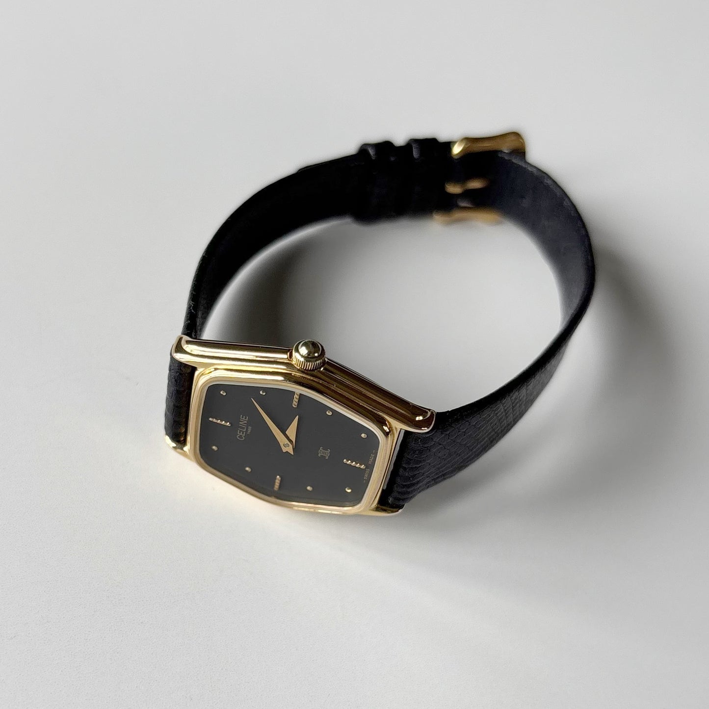 Celine 1980s Black Dial Gold Plated Watch