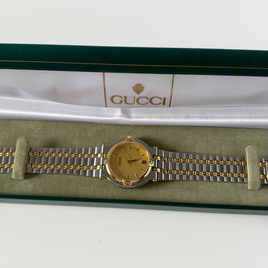 Gucci 1990s Date Round Dial Two Tone Watch (Large)
