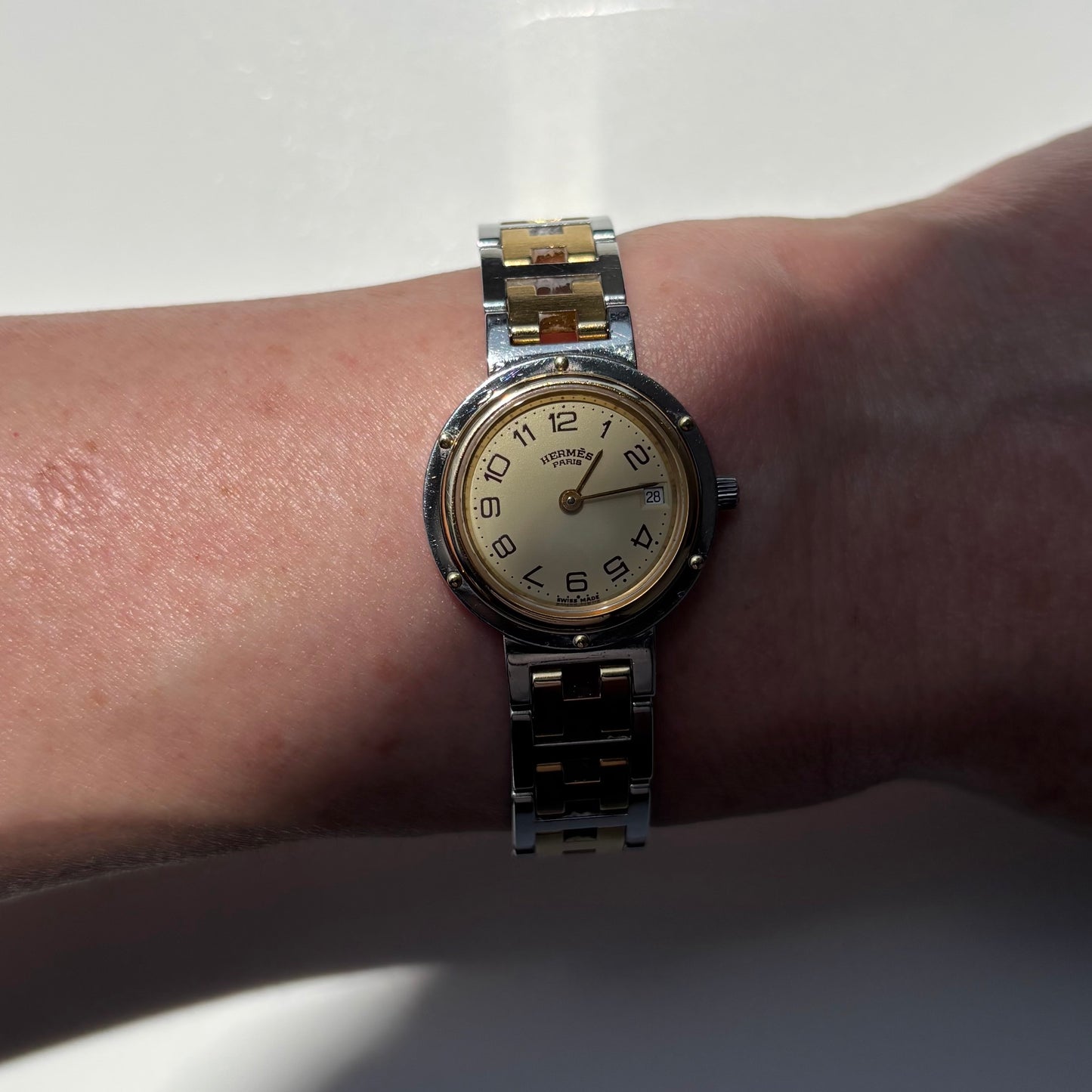 Hermes 1990s Cream Round Dial Gold Plated Two Tone Watch