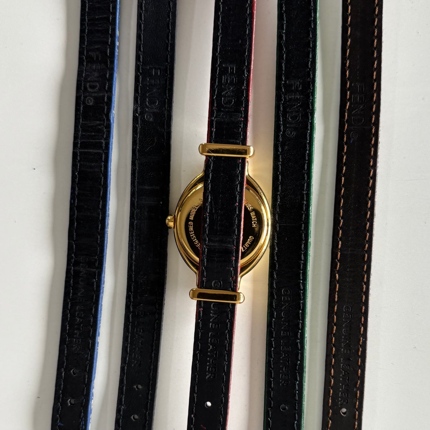 Fendi 1990s Interchangeable Strap Gold Plated Watch with 5 straps, case