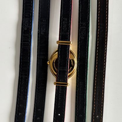 Fendi 1990s Interchangeable Strap Gold Plated Watch with 5 straps, case