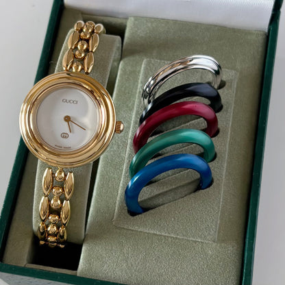Gucci 1990s Interchangeable Bezel Gold Plated Rice Chain Watch with 6 bezels, case (160mm)