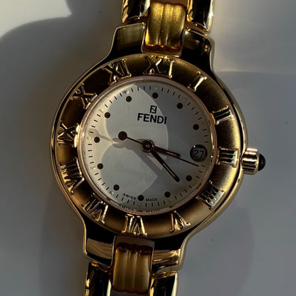 Fendi 1990s Round Dial Date Gold Plated Watch