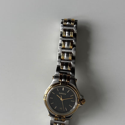 Gucci 1990s Date Black Round Dial Two-Tone Gold-Plated Watch