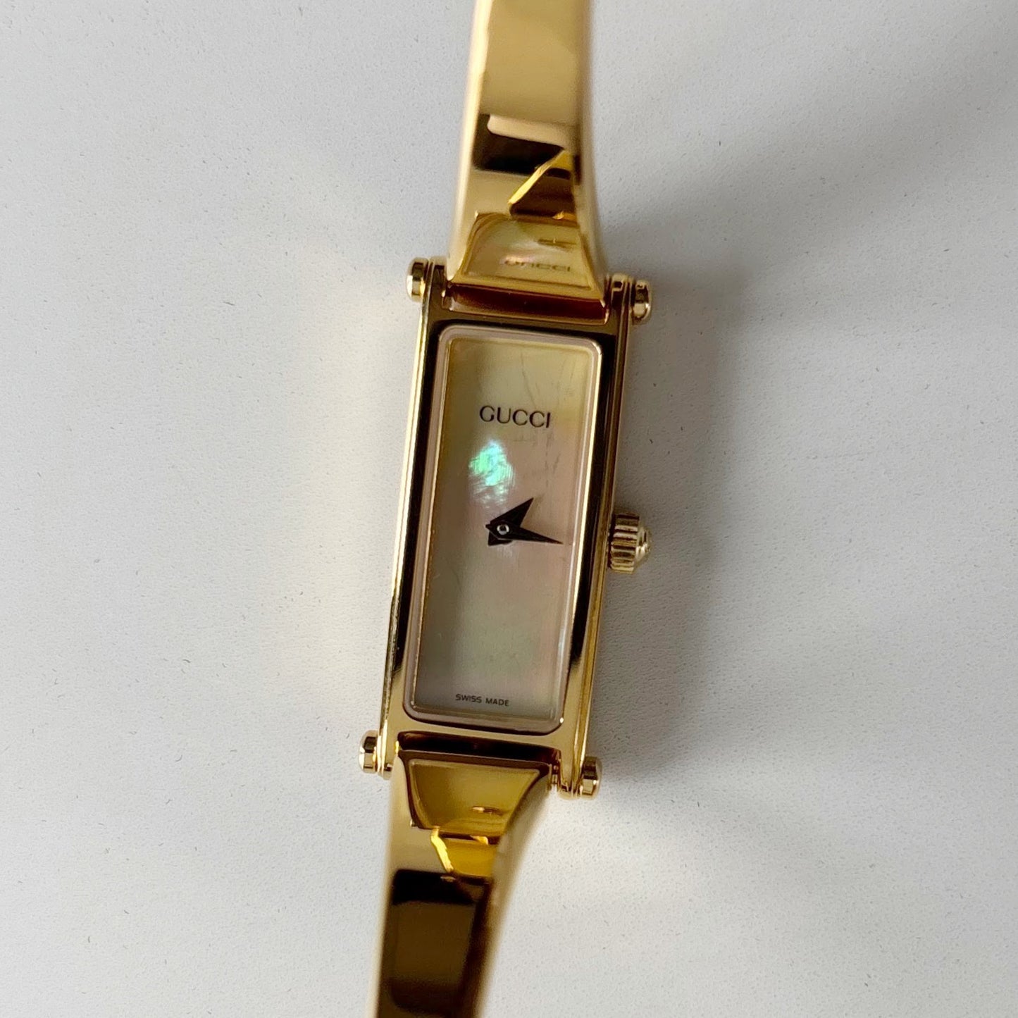 Gucci 1990s Seashell Rectangular Dial Gold Plated Bangle Watch