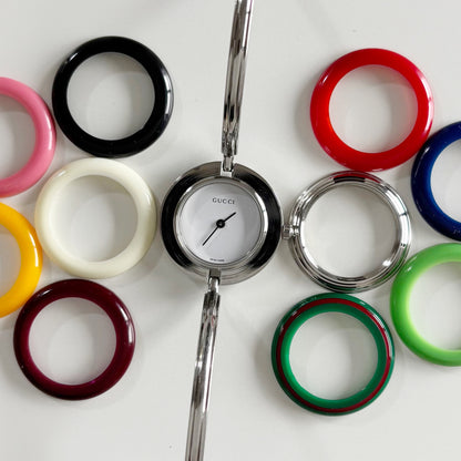 Gucci 1990s Interchangeable Bezel Stainless steel Bangle Watch with 12 bezels, case