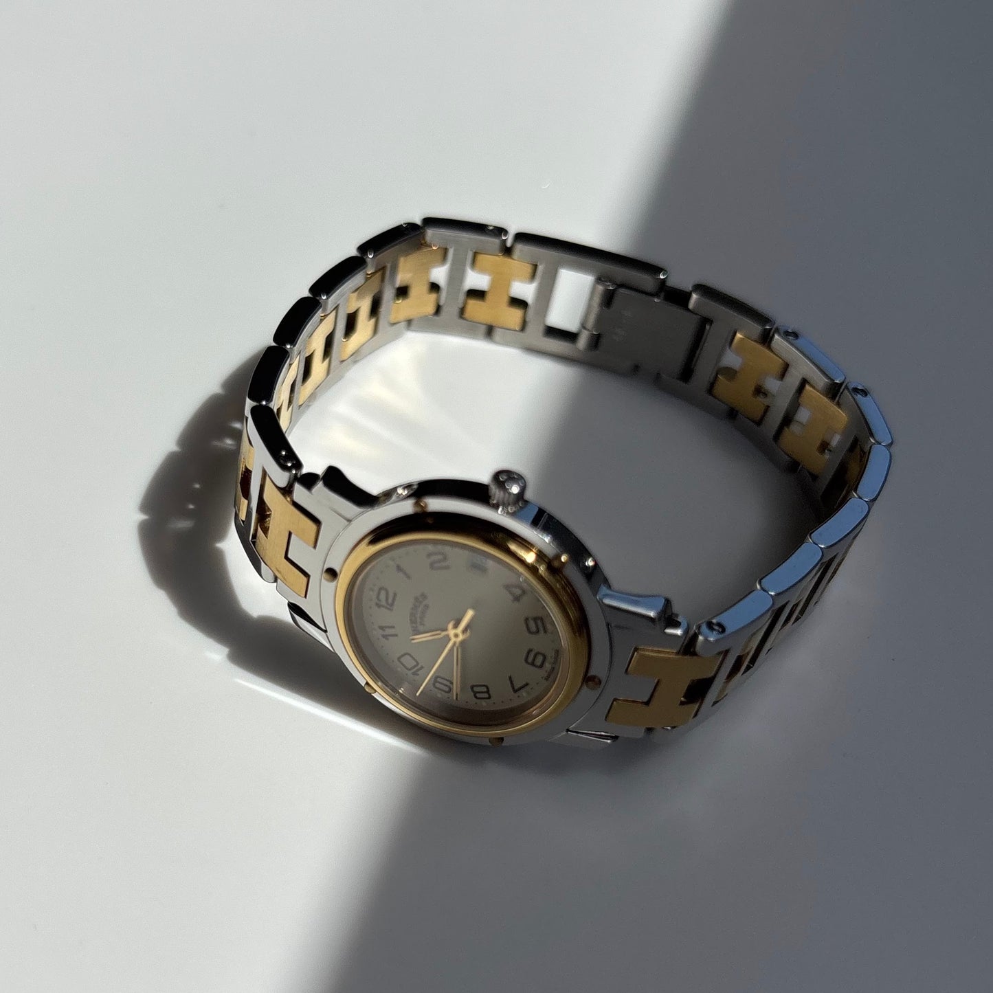 Hermes 1990s Clipper Date Round Dial Gold Plated Two Tone Watch