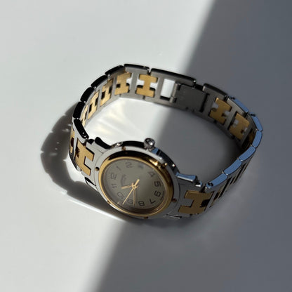 Hermes 1990s Clipper Date Round Dial Gold Plated Two Tone Watch