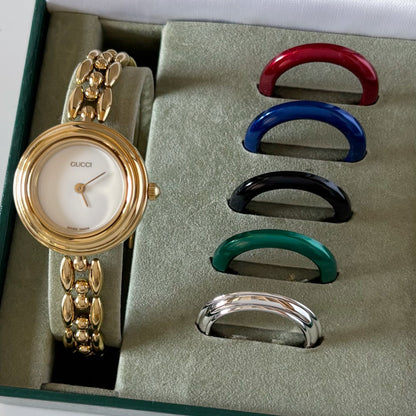 Gucci 1990s Interchangeable Bezel Gold Plated Rice Chain Watch with 6 bezels, case (160mm)