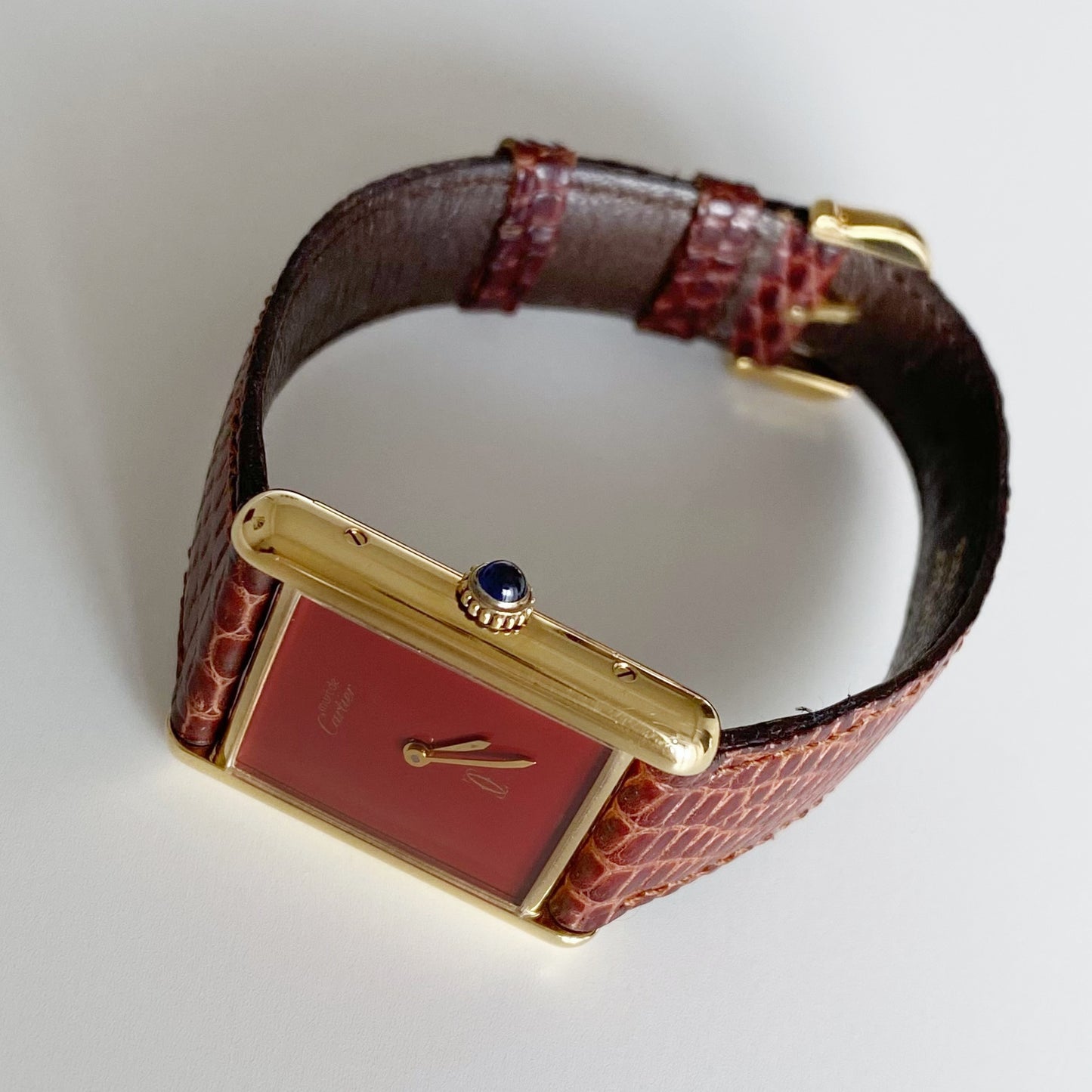 Cartier 1980s Must de Tank Burgundy Dial Manual Winding Watch (LM)
