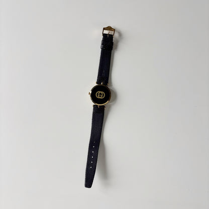 Gucci 1980s Round Black Dial Gold-Plated Watch (Large)