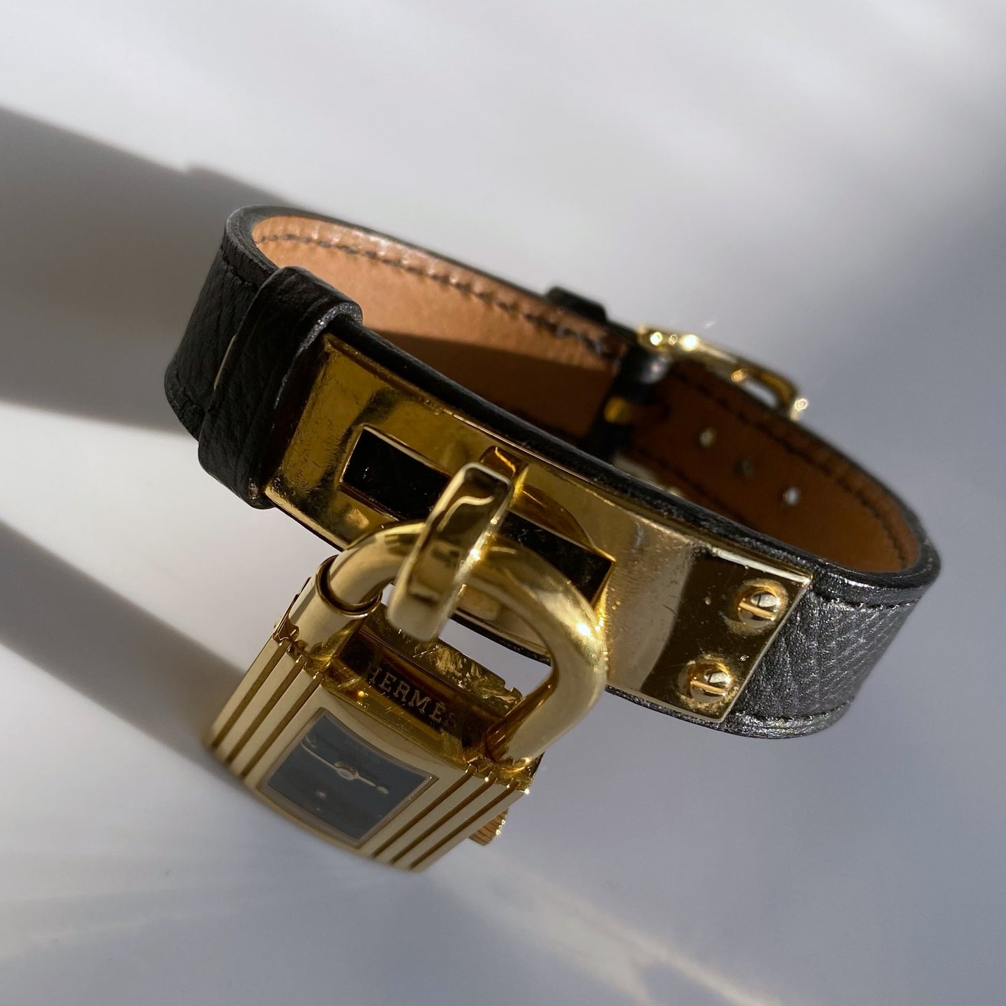 Hermes 1990s Kelly Black Dial Gold Plated Watch