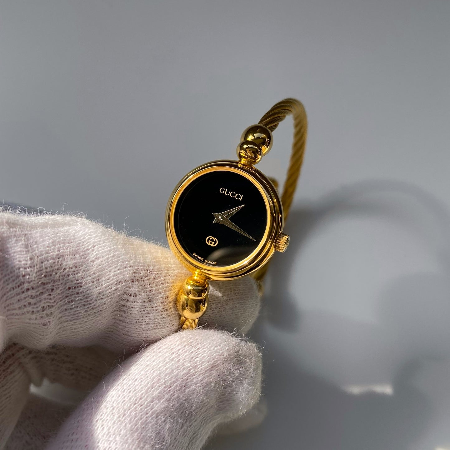 Gucci 1990s Black Dial Gold Plated Cable Bangle Watch