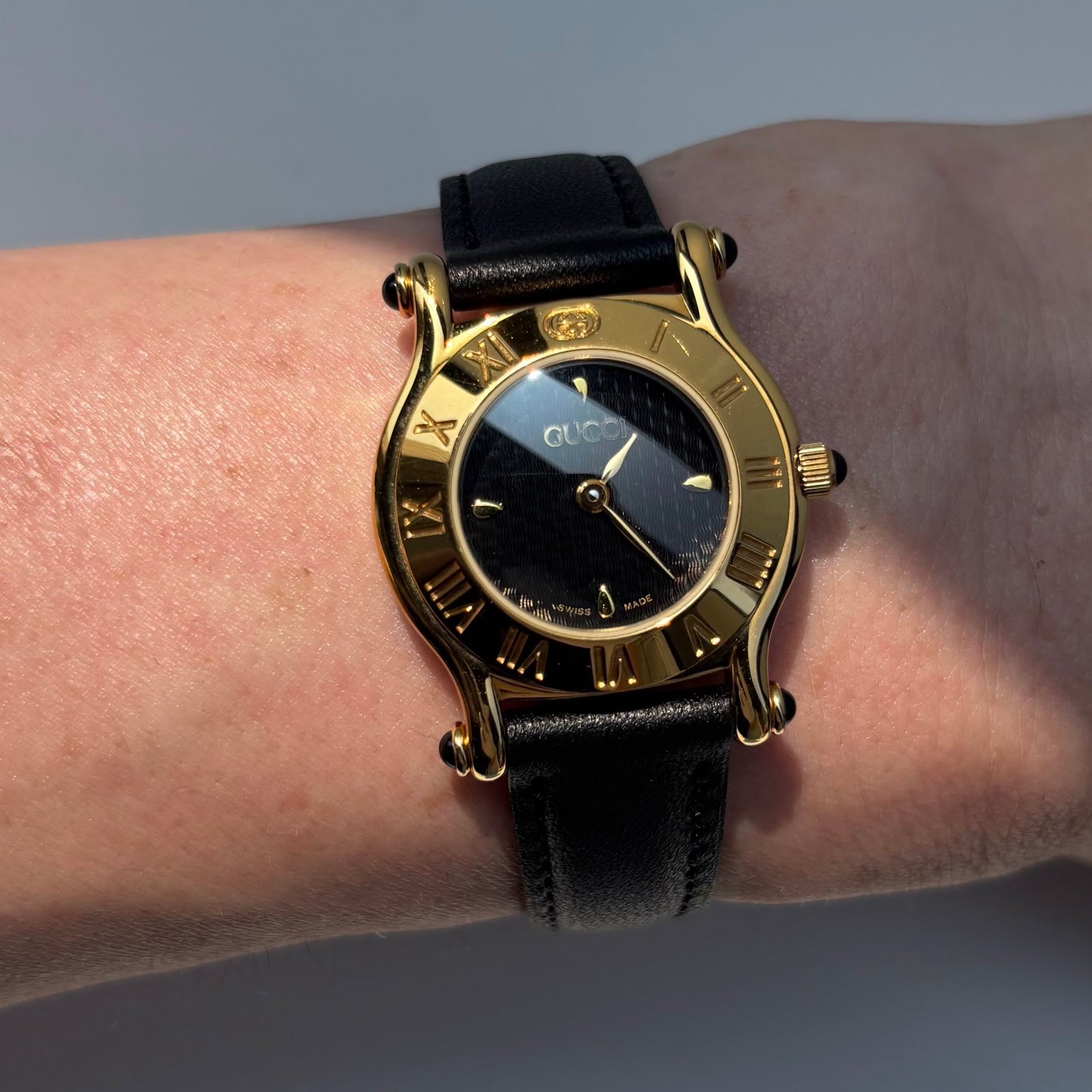 Gucci 1990s Black Dial Gold Plated Watch