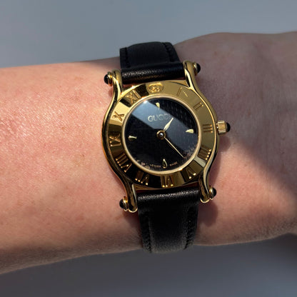 Gucci 1990s Black Dial Gold Plated Watch
