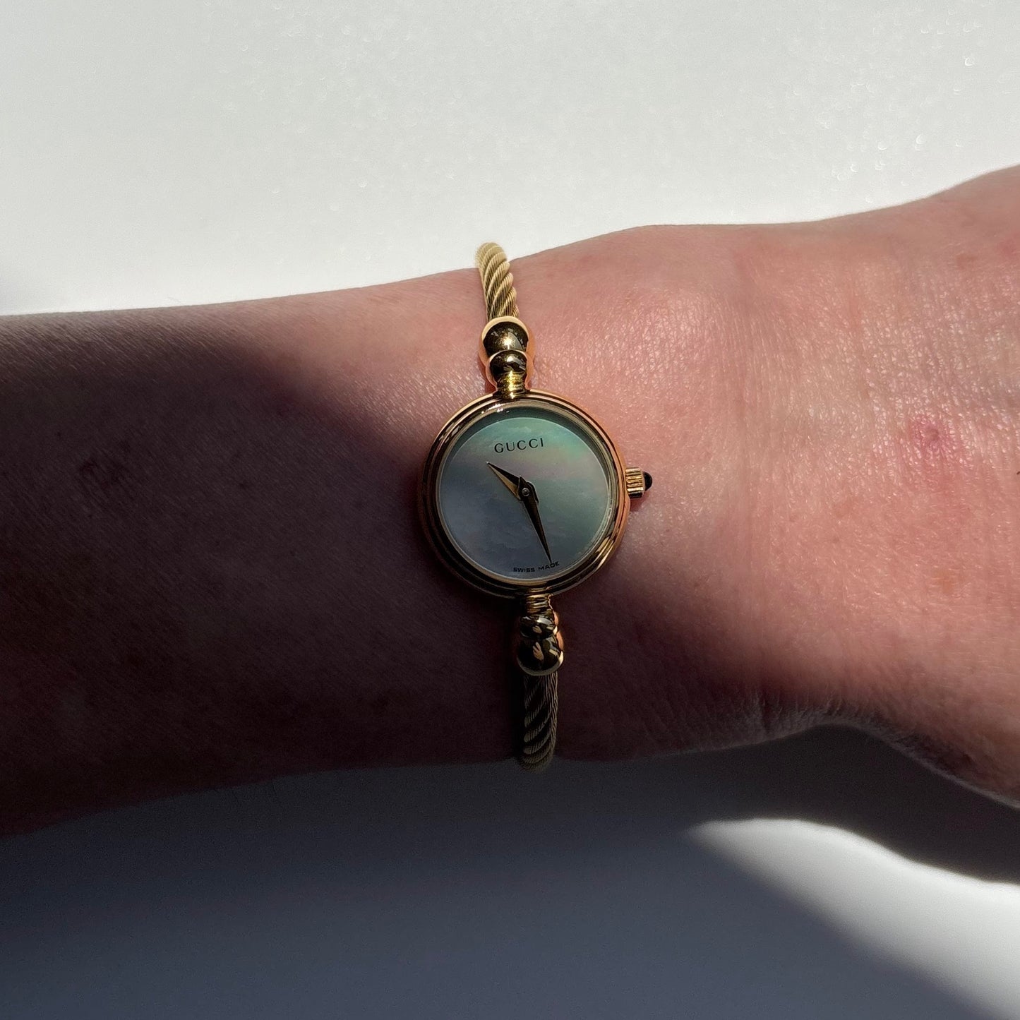 Gucci 1990s Seashell Dial Gold Plated Cable Bangle Watch