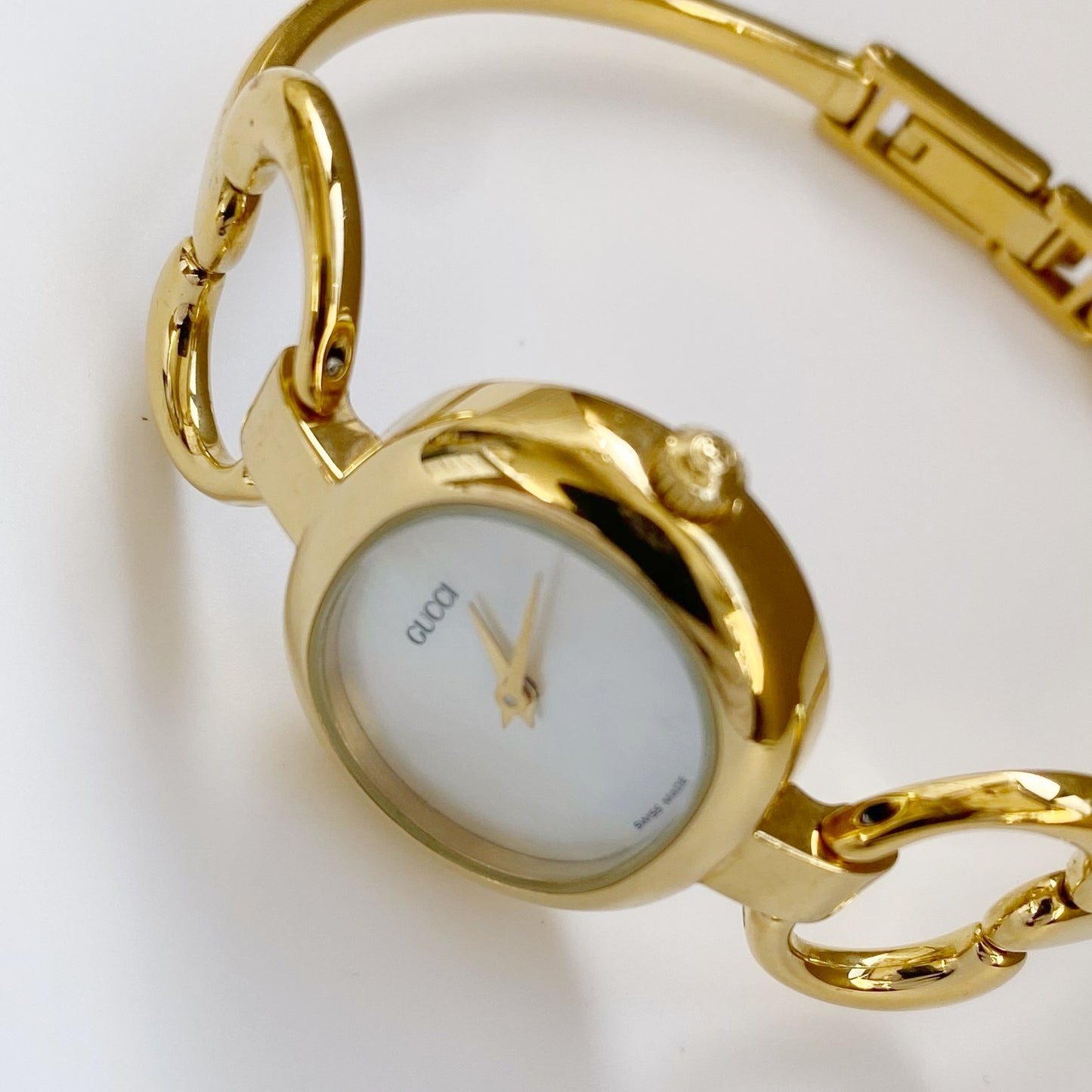 Gucci 1990s Seashell Dial Oval Gold Plated Bangle Watch