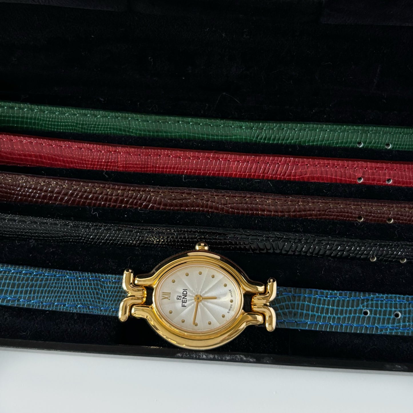 Fendi 1990s Interchangeable Strap Gold Plated Watch with 5 straps, case